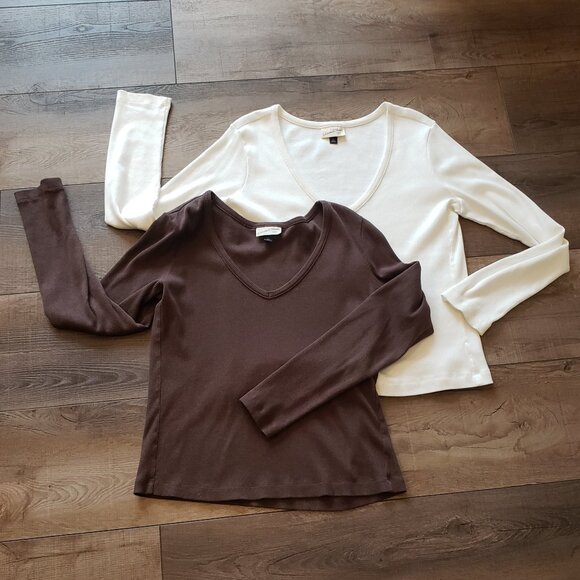 Rib V-Neck Long Sleeve Shirt (Bundle of 2) Brown and White:  Size:  XXL - Picture 1 of 13